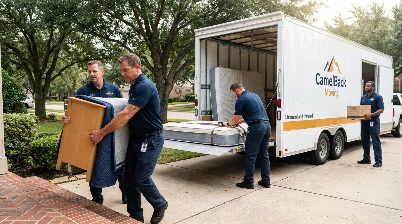 Crew loading residential truck for cross-state move from Amidon, ND