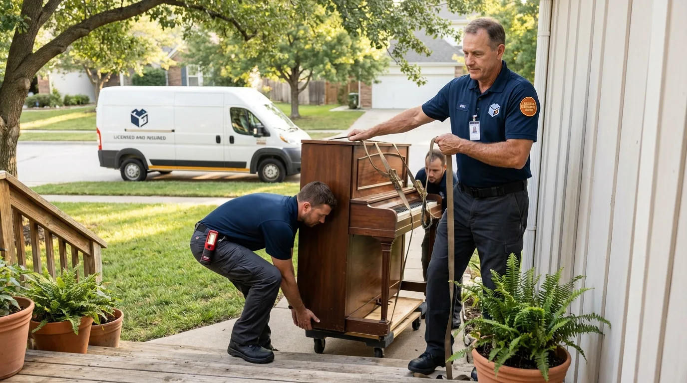 Licensed piano movers securing grand piano in Amidon, ND