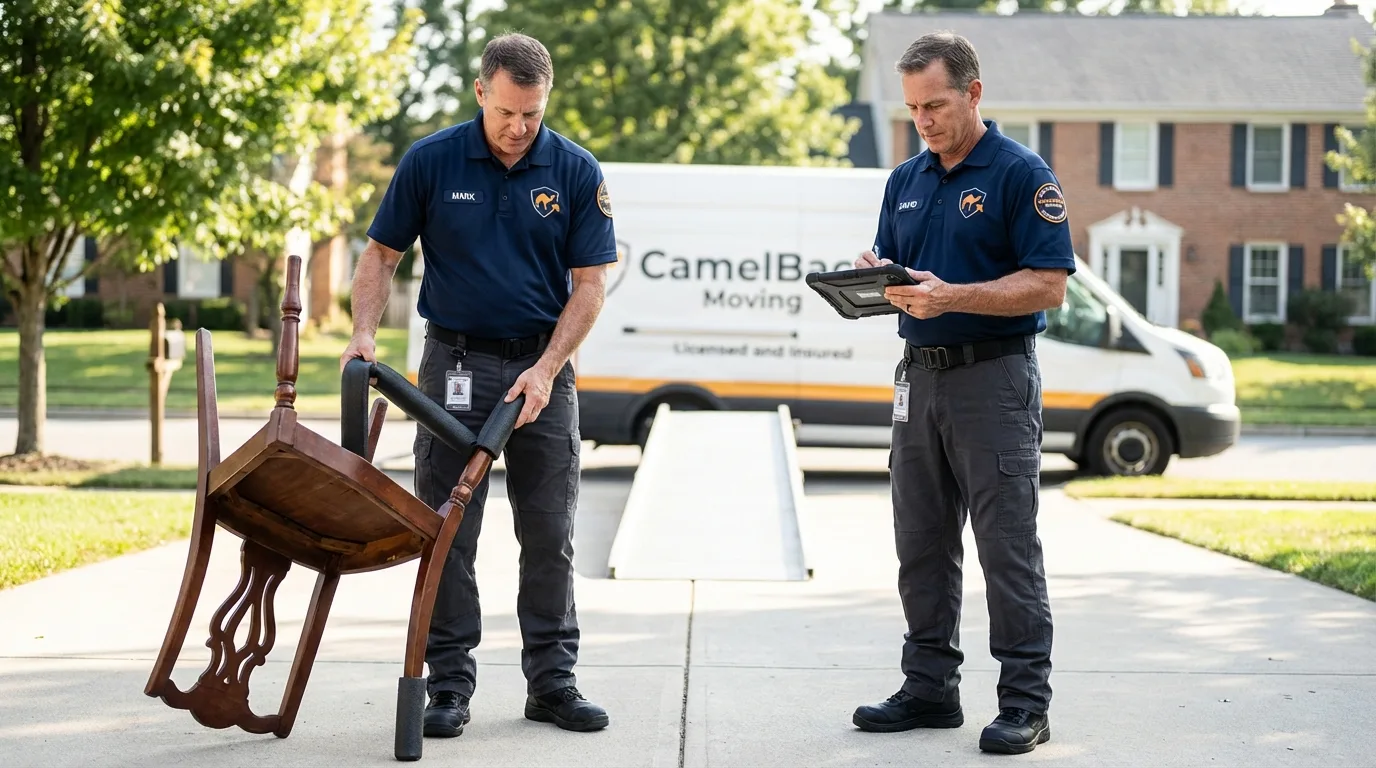 Movers inspecting furniture for damage prevention before loading in Amidon, ND