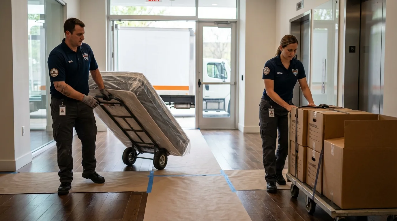 Professional apartment movers loading elevator in Amidon, ND